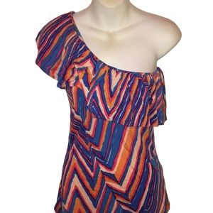 French Connection Orange and Blue One Shoulder Top